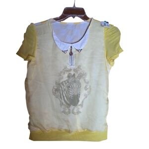 Girls Yellow & White Checkered Zebra Top Kids XL Short Sleeve Blouse